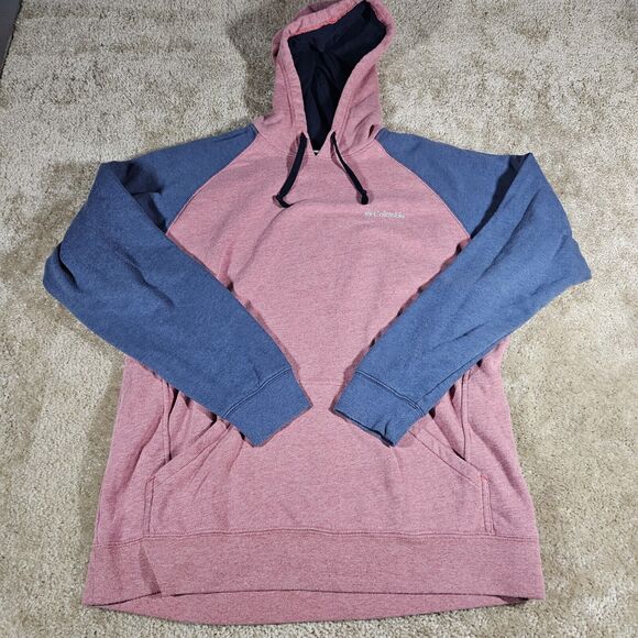 Columbia Men’s Hooded Pullover Fleece Long Sleeve Red Blue Size L - Picture 1 of 6